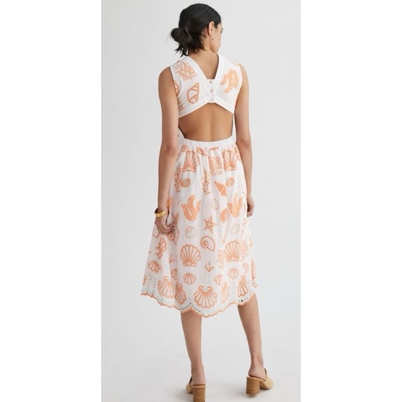Anthropologie Maeve Embroidered Scallop White Sea Shell Midi Sundress 10 Resort - Picture 2 of 16